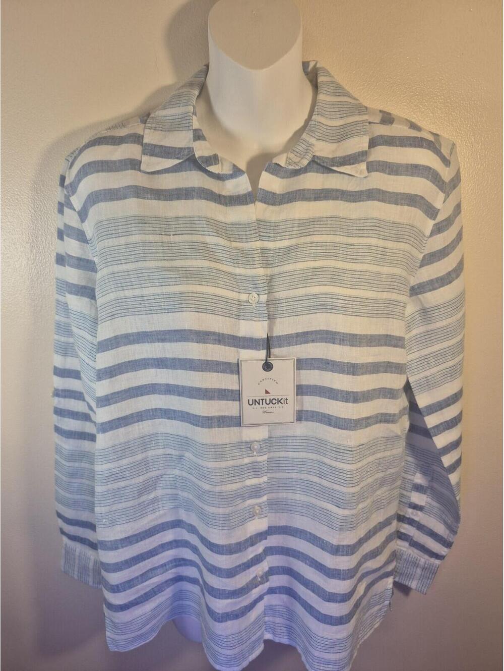 UNTUCKit Sz 6 Womens Shirt Blue White Long Sleeve Linen Button Up Vietti Preppy